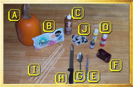 Supplies and Tools - Pumpkin, Modeling Clay, Hearty Brand, Crayola, Model Magic, Tacky glue, Acrylic Paint, Paint Brush, Pencil Sharpener, Spoon, Knife, wooden dowels, wooden, decorative bats, from craft store